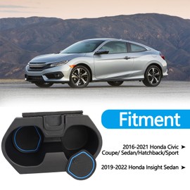 Cup Holder Insert with Coaster Accessories for Honda Civic 2016-2021 Lx Ex Si Sport Hatchback Coupe Sedan Insight Center Console Drink Bottle Cup Holder (Black with Blue Coaster)