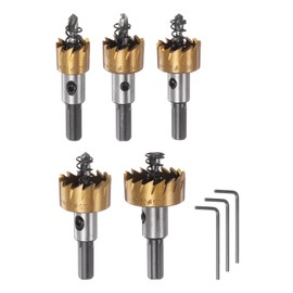 sourcing map 5pcs Hole Saw Kits 16mm 20mm 22mm 25mm 32mm Titanium Plated High Speed Steel (HSS) Drill Bits Set Cutters for Stainless Steel Aluminum Alloy Plastic