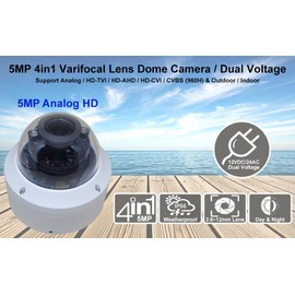 101AV 5MP 4in1 HD Dome Camera 2.8-12mm Varifocal Lens Dual Voltage DC12V AC24V, 5MP TVI/AHD, 4MP CVI, CVBS (960H), Indoor Outdoor 4 pcs Smart IR 100ft IR Range Office Home