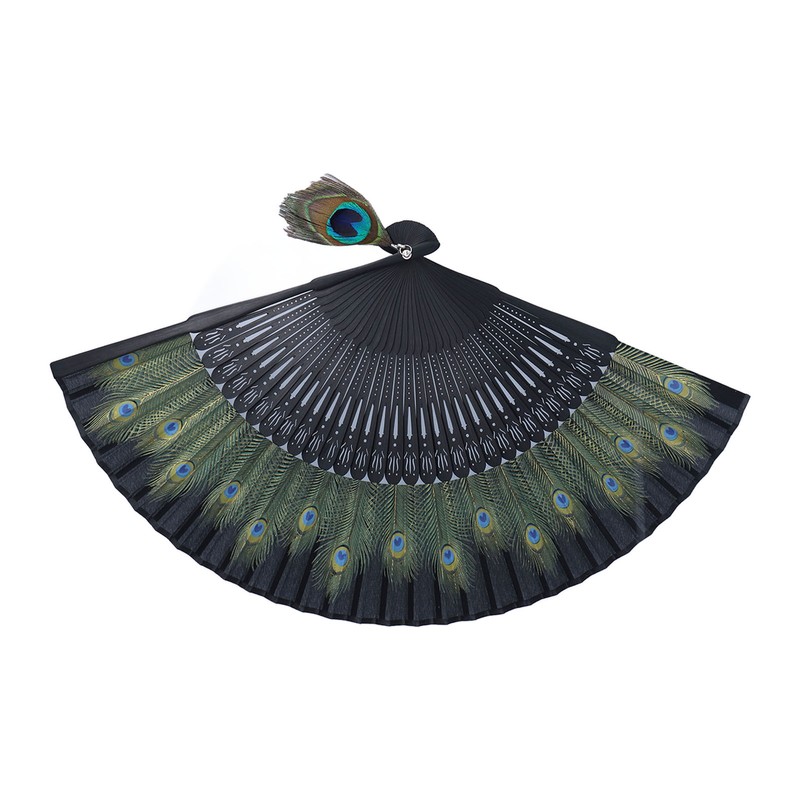 Folding Fan Black Bones Beautiful Peacock Pattern Antique Bamboo Hand