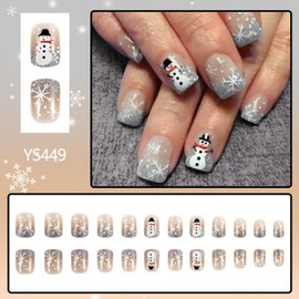 Christmas Press on Nails Short Square Fake Nails With Snowflake Snowman Designs Glitter French Tip False Nails Xmas False Nails Full Cover Stick on Nails Acrylic Winter Artificial Nails for Women