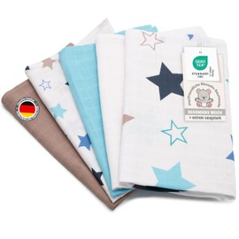ZOLLNER Set of 5 Muslin Burp Cloths 70 x 70 cm Cotton Skin-friendly Muslin Cloths Especially Soft and Extremely Absorbent Washable up to 60 °C White Blue Brown
