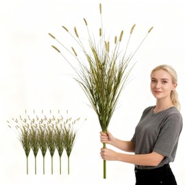 37 inches Extra Lush Artificial Reed Grass (6pcs), Luxury Fake Tall Plants with 14 Heads Dogtail Flower, Luxury Faux Tall Greenery with Dogtail for Garden Porch and Home Decor (Yellow-14)