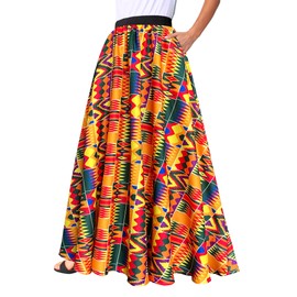 Afibi Women African Skirt Printed Ankara Maxi Skirt Dashiki Long Skirts with Pockets (Large, Yellow)