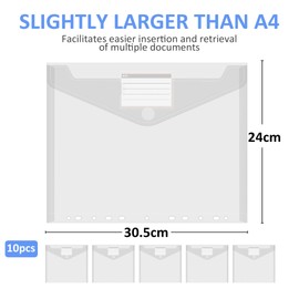 Pack of 10 A4 Document Wallets, Waterproof Document Folders A4, 11 Hole Edge Folder A4 with Label Pocket, Folders for Documents Organising, Office Supplies, Homework