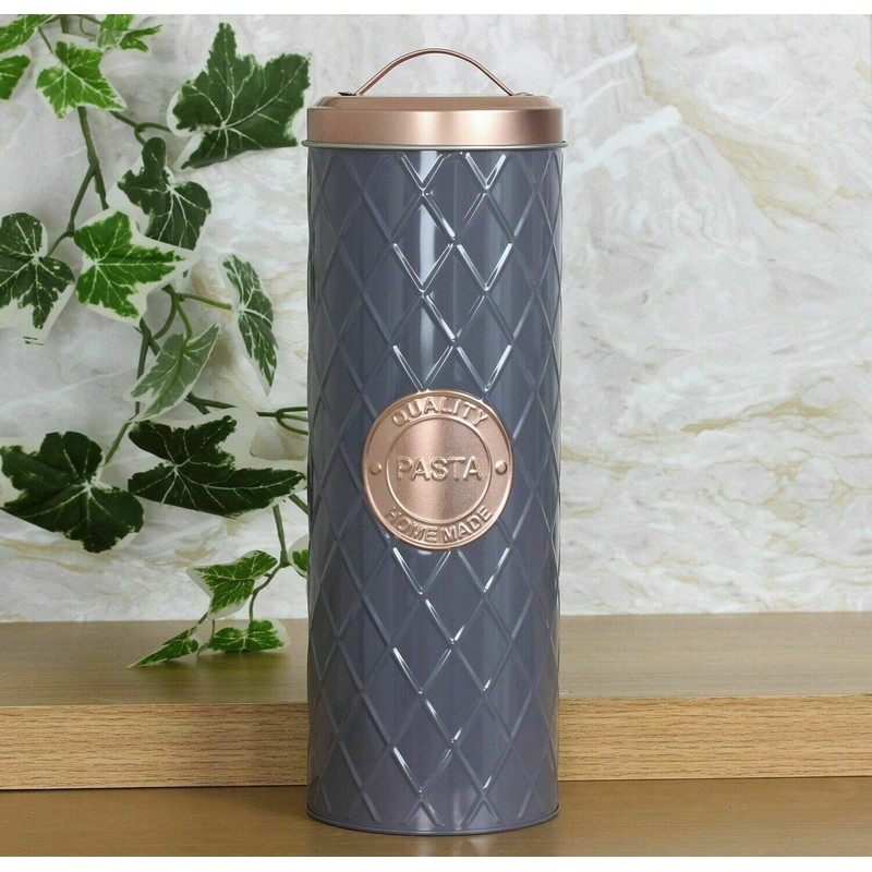 SIL Grey & Copper Metal Pasta Storage Tin Box Canister