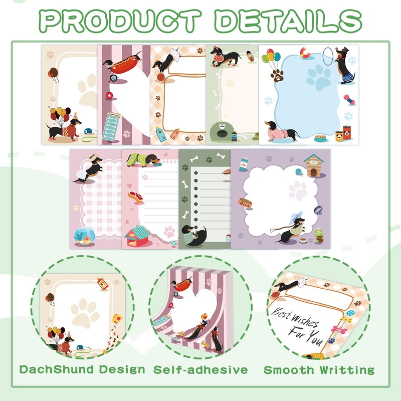 ZCPTZ 9 Pcs Cute Dachshund Notepads 3" x 3" Self-adhesive