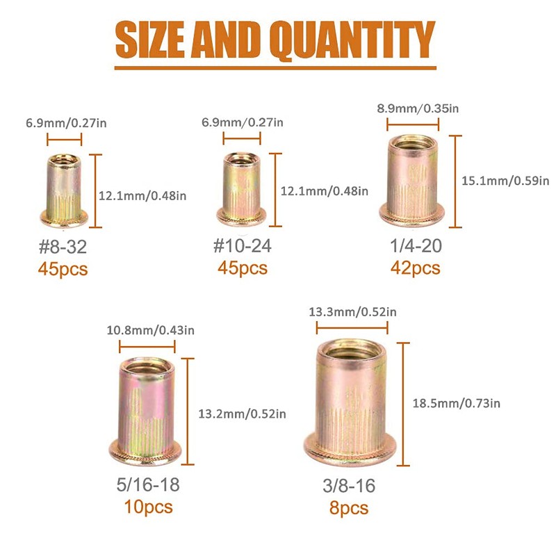 ISPINNER 150pcs #8-32, 10-24, 1/4"-20, 5/16"-18, 3/8"-16 Zinc Plated Carbon