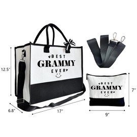 SUSZDOU Gift for Best Grammy Ever, Canvas Beach Bag, Canvas Tote Bag for Women, Grammy Bag Gift, Grammy Birthday Gift, Mother's Day Gift, Canvas Outing Bags for Grammy, Present Bag with Make Up Bag