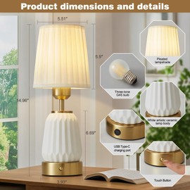 Powfloven Gold Modern LED Ceramic CordlessTable Lamps with Dimmer, Small Led Wireless Entryway End Rechargeable Battery Operated Beside Nightstand Lamp for Tabletop Living Room Bedroom Restaurant