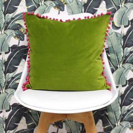 Riva Paoletti Velvet Pompom Cushion Cover - Green - Faux Velvet Fabric - Contrasting Fuchsia Pink Pompom Edges - Hidden Zip Closure - 100% Soft Cotton - 45 x 45cm (18" x 18" inches)