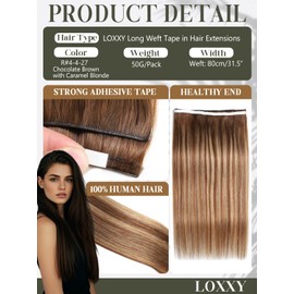 Loxxy Seamless Tape in Human Hair Extensions, Highlights Tape Weft Hair Extensions, Chocolate Brown with Caramel Blonde Weft Width 31.5" (80cm), 22 Inch 60G