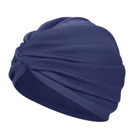 ITODA Turban Women's Fashion Cap African Headscarf Head Wrap Hat Pre-Tied Knot Sleeping Hat Cotton Turban Hat Elasitic Sleep Hat Pleated Headwear for Hair Loss Sleeping Leisure, darkblue