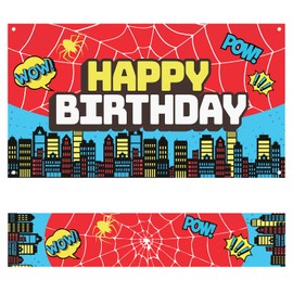 SAVITA 2pcs Red Spider Web Party Decorations, 5.9x3.3ft Super City Happy Birthday Backdrop Banner and 5.9x1.15ft Tablecloth Table Runner for Boys Kids Birthday Baby Shower Party Decor