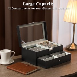 MoKo Sunglasses Organizer with 12 Slots, 2-Layer Leather Sunglass Display Collection Holder Case with Drawer Clear Glass Lid, Lockable Eyeglass Glass Jewelry Watch Storage Box for Women Men, Black