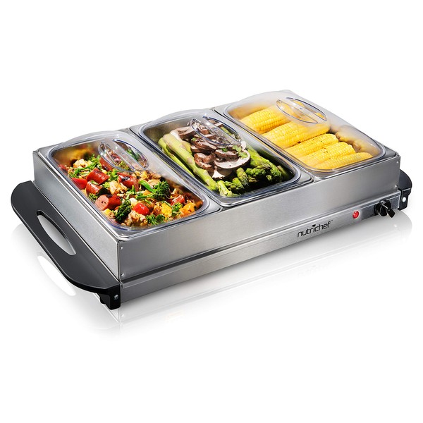 NutriChef 3 Buffet Warmer Server Professional Hot Plate Food Warmer Station , Easy Clean Stainless Steel , Portable & Great for Parties Holiday & Events Max Temp 175F