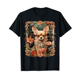 Vintage Chihuahua Gifts Long Haired Fawn Chihuahua Vintage Floral T-Shirt