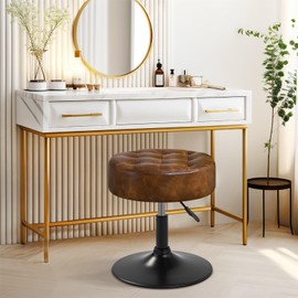 Furnimart Round Leather Vanity Cute Ottoman Stool Seat, Modern Makeup Accent Stool for Bedroom Living Room Bathroom