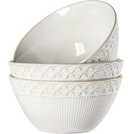 Yuanlity 60 oz big ramen bowl， Set of 3, 8.3 inch Arctic White Embossed Stoneware Bowls For Soup, Pho and salad - farmhouse vintage color bowls，stoneware bowls with embossment Patter