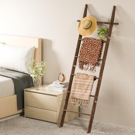 Farmhouse Wooden Blanket Ladder with Removable Hooks, 6-Tier (70'') Rustic Blanket Rack Stand, Leaning Towel Quilt Rack Holder for Bathroom Living Room Decor Brown