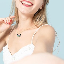 BONJOULRY Butterfly Crystal Necklace for Women: 14K Gold Stainless Steel Butterfies Birthston Pendant Choker Necklaces Aesthetic Valentines Day Christmas Birthday Gifts for Her (Green)