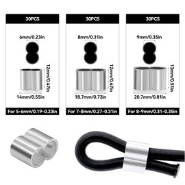 TETEWEVER Pack of 90 Professional Rope Clamps, Press Clamps 6 mm, 8 mm, 9.2 mm Aluminium Choke Clamps, Double Sleeves, Press Sleeves for Rubber Rope, Expander Rope, Tarpaulin Rope