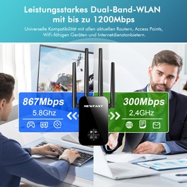 NEWFAST WLAN Amplifier, 1200 Mbit/s WiFi Extender Powerful WLAN Repeater with 4 Swivelling Antenna, WPS, Ethernet Port, MU-MIMO, Support Repeater/Router/Ap Mode for Home and Office, EU Plug