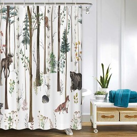 Rustic Forest Shower Curtain for Bathroom, Rustic Lodge Forest Cabin Shower Curtain Country Hunting Bathroom Curtain, Wild Animal Bear Moose Deer Fox in Forest Shower Curtain 36X70IN with 12PCS Hook