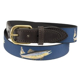 Thomas Bates Saybrook Leather Tab Web Belt with Antique Finish Brass Buckle (Navy Trout, 42)