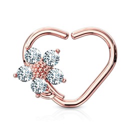 16g Platinum & Gold Plated Heart w/CZ Flower Daith & Cartilage Hoop Earring, Metal, cubic-zirconia