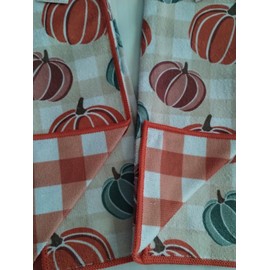 Harvest Fall Season NWT 2  FALL HARVEST ORANGE PUMPKIN & BUFFALO PLAID REVERSIBLE KITCHEN TOWELS