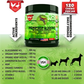 WIZARDPET Hemp Hip & Joint Supplement for Dogs Mobility Glucosamine Chondroitin 120 Chews