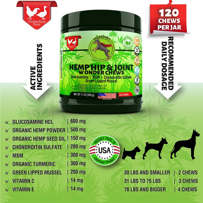 WIZARDPET Hemp Hip & Joint Supplement for Dogs Mobility Glucosamine