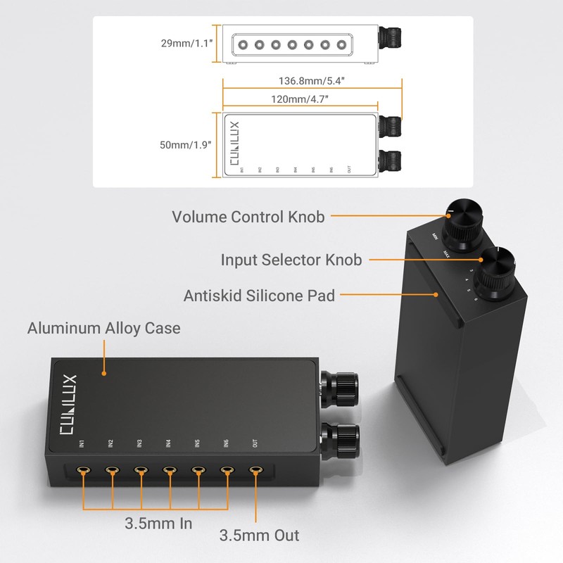 Cubilux 3.5mm 6-in-1 Stereo Audio Switcher with Volume Control &