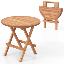 Round Folding Side Table, Outdoor Indonesia Teak Wood Patio Dining Table with X-Shaped Frame & Slatted Tabletop, Lightweight Beach Camp Table, Portable End Table for Balcony, Picnic & Yard (1)