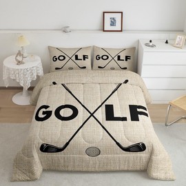 Golf Sports Bedding Set Queen Size Black Sketch Golf Ball Comforter Set 3Pcs Rustic Farmhouse Khaki Grid Quilt Set for Teens Adult Men Room Decor Golf Games Lover Duvet Insert,2 Pillowcases