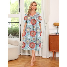 Ekouaer Women's House Dress with Pockets, Round Blue Floral, X-Large