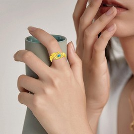 Ynnee Turquoise Feather Ring 925 Sterling Silver Vintage Wide Feather Rings Adjustable Feather Ring Western Jewelry Gifts for Women Men Open Ring Size 8(14k Gold Plating)