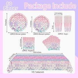 Mermaid Party Tableware, Pink Mermaid Party Decorations, Plate, Napkin, Cup, Tablecover for Mermaid Birthday Party Supplies, Serves 20 ﻿
