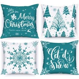 Lanpn Christmas Cushion Covers 50x50 Set of 4, Merry Christmas Winter Xmas Snowflake Decorative Holiday Throw Pillow Cases 20x20 for Outdoor Indoor Farmhouse Home Room Couch Decor (Teal)