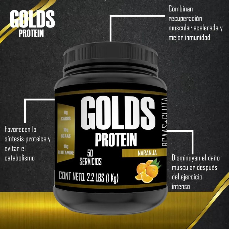 Aminoácidos Bcaas Glutamina Golds Protein 1kg Polvo 50serv