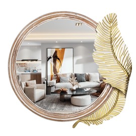 Yamyeud Round Wall Mirror Wooden Framed with Metal Leaves Decor, Unique Decorative Mirrors for Wall, Living Room, Bedroom, Bathroom, Entryway, 32 Inch