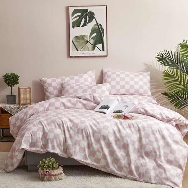 Houseri Pink Plaid Comforter Set Full White and Light Pink