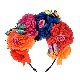 June Bloomy Day of the Dead Headpiece Frida Costume Mexican Floral Crown Rose Headband (Butterfly Red Orange)