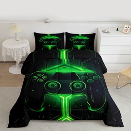 Feelyou Kids Gaming Bedding Set Full Size Gamer Comforter Set for Boys Girls Kids Teens Soft Microfiber Modern Buttons 3D Video Game Bedding Reversible Green Controller Pattern Design Quilt Set