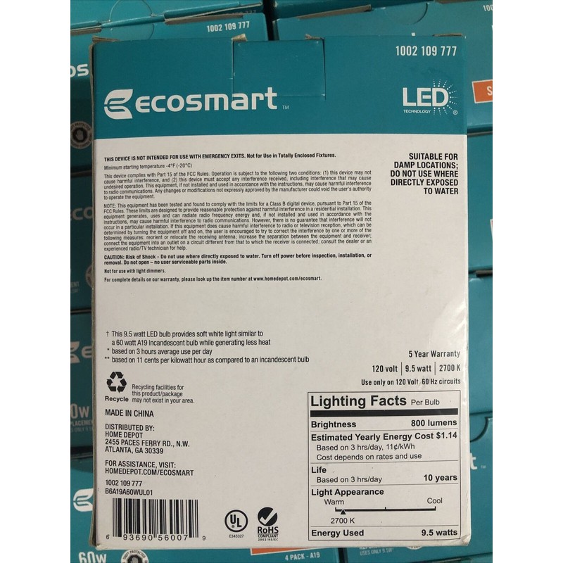 ECOSMART LED 9.5w A19 Bulb Replace equivalent 60w Incandescent /