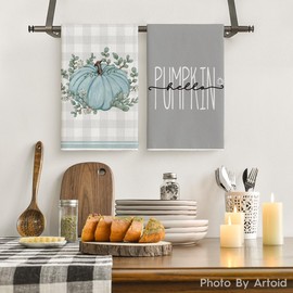 Juego de 4 toallas de cocina con diseño de hojas de eucalipto grises de Hello Pumpkin Fall de 4 x 26 pulgadas