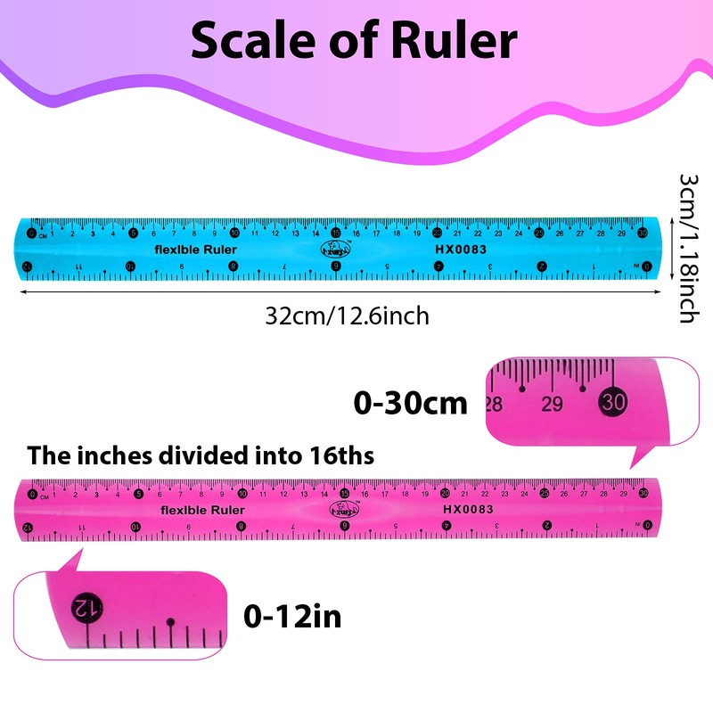 2 Pieces Flexible Ruler, 30cm/12inch Plastic Ruler Shatterproof Straight Edge