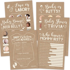 Hadley Designs 75 juegos rústicos de baby shower de género neutro, 6 juegos de doble cara, juego de baby shower, tarjetas de consejos de baby shower, tarjetas de predicción y consejos de bebé, juegos