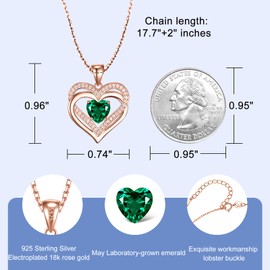 LoveBhatia Birthstone Necklace for Women, 925 Emerald necklace sterling silver,18k Gold Plated love heart pendant necklace, Mother’s Day Mom Wife Girlfriend Birthday Anniversary Jewelry Gift